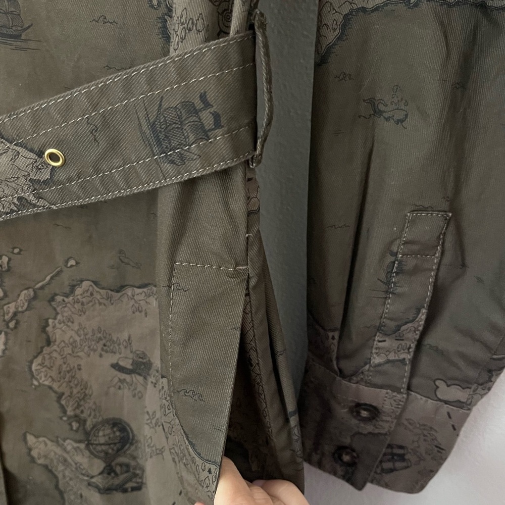 Banana Republic Map Print Safari Belted Button Front Utility Shirt Dress Green - Picture 5 of 8